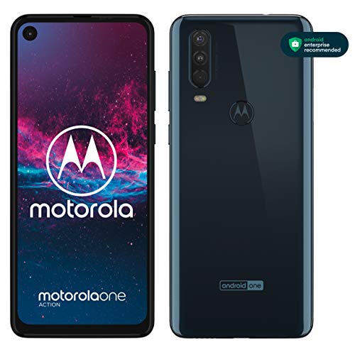 Motorola Moto One action Dual-SIM Smartphone (6,3-Zoll-FHD+Display, Dreifach-Kamerasystem 12-MP- + 5-MP-Dual-Kamera + 16-MP-Video-Modus, 128 GB/4 GB, Android 9) Blau + Schutzcover