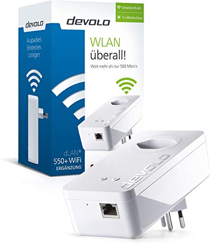 devolo dLAN 550+ WiFi Powerline (Internet über die Steckdose, WLAN, 1x LAN Port, 1x Powerlan Adapter, integrierte Steckdose, PLC Netzwerkadapter, WLAN-Reichweite erhöhen, WiFi Move) weiß