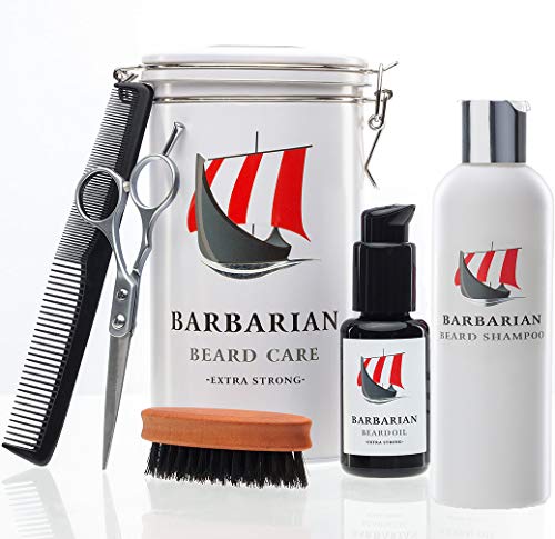 Hochwertiges Mr Burton´s Barbarian Bartpflege Set - inkl. Bartöl, Bartshampoo, Bartbürste, Schere, Kamm und Aufbewahrungsdose